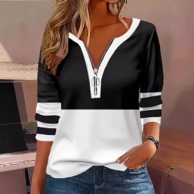 Women's V-collar Contrast Color Striped Loose Zip Long-sleeved T-shirt (Option: Black-5XL)