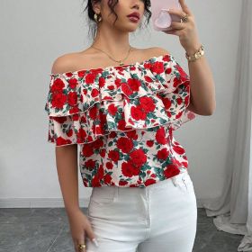 Off-shoulder Short-sleeved Shirt Double-layer Ruffled Women's Clothing (Option: Color-L)