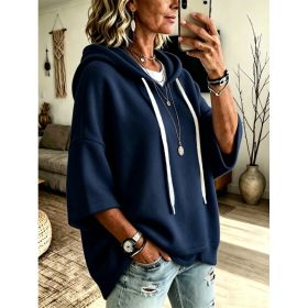 Womens Loose-fitting Hooded Top With Three-quarter Sleeves (Option: Navy Blue-5XL)