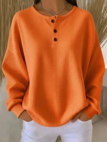Round Neck Waffle Solid Color Pullover Loose Top (Option: Orange-2XL)
