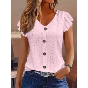 Solid Color Jacquard V-neck Buttons Long Sleeve T-shirt (Option: Pink-XL)