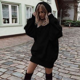 Women's Solid Color Pullover Hooded Loose Fleece Sweater (Option: Black-L)