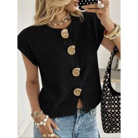 European And American-style Round-neck Short-sleeved Knitted Cardigan (Option: Black-XXL)