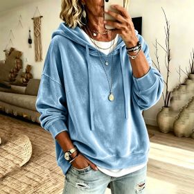 Womens Casual Solid-Color Hooded Long-Sleeve Top With Drawstring (Option: Sky blue-L)