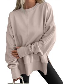 Fashion Casual Round Neck Pullover Loose Sports Long-sleeved Sweater (Option: Light Khaki-XL)