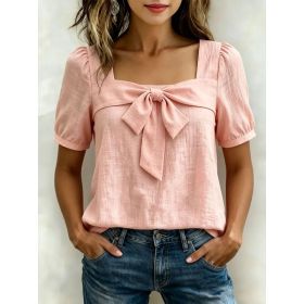 Womens Casual Square-neck Top With A Bow (Option: Pink-2XL)
