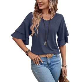 Loose V-neck Ruffle Sleeve T-shirt Fashion Solid Mid-sleeve Tops Women's Clothing (Option: Navy Blue-XL)