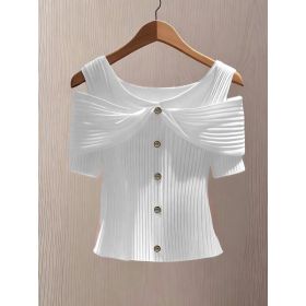 Womens Solid-color Off-shoulder Short-sleeve Top With Button Detailing (Option: White-L)