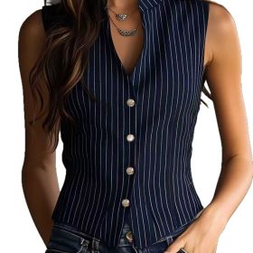 Elegant Striped Sleeveless Shirt With A Slim-fit Vest (Option: Dark blue-L)