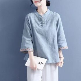 Artistic Cotton Linen Jacquard Embroidered Bell Sleeve Shirt (Option: Blue-XL)