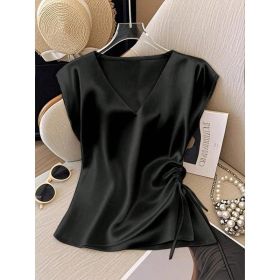Womens Solid-Color Casual Satin V-Neck Top With Drawstring Hem (Option: Black-L)