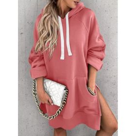 Women's Hooded Sweatshirt With Pockets Fashion Casual Split Mid-length Sweater Drawstring Tops (Option: Pink-L)