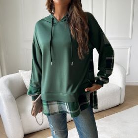 Women's Vintage Oversized Hoodie With Plaid Patchwork Stylish Y2k Clothing Streetwear Round Neck Hooded Long Sleeve Sweatshirts (Option: Green-L)