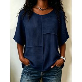 Womens Casual Patchwork Short-sleeve Top (Option: Dark blue-3XL)