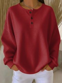 Round Neck Waffle Solid Color Pullover Loose Top (Option: Red-L)