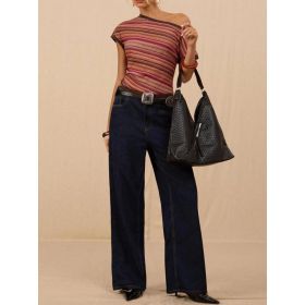 Retro Colorful Knit Top Slim-fit Contrast-color Short Sleeves (Option: Color-XL)