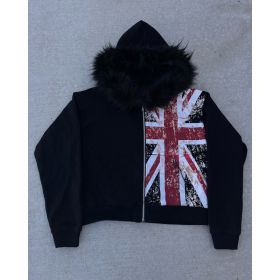 Fur Collar Printed Zipper Sweater Long Sleeve Pullover Hoodie Vintage Coat (Option: Black-L)