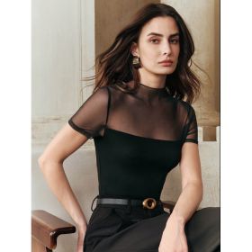 Solid-color Mesh Patchwork Spicy Chic Figure-flattering Sheer Short Sleeves (Option: Black-XXL)