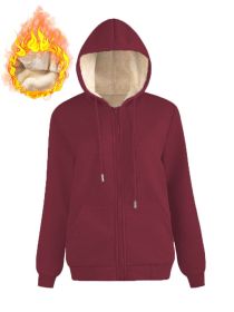 Warm Berber Fleece Pocket Hooded Sweatshirt Coat (Option: Wine Red Thread Zipper-L)