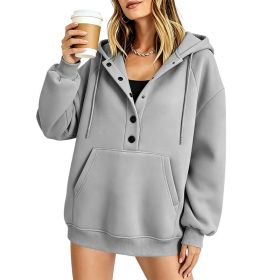 Women's Casual Solid-color Loose-fit Long-sleeve Hooded Sweatshirt With Pockets (Option: Light Gray-2XL)