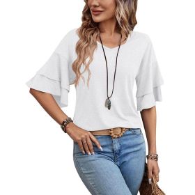 Loose V-neck Ruffle Sleeve T-shirt Fashion Solid Mid-sleeve Tops Women's Clothing (Option: White-XL)